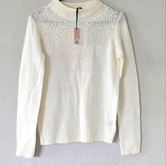 $54 Juicy Couture Turtle Neck Sweater Womens  Sz S Ivory Sequins Pull Over - Picture 2 of 14